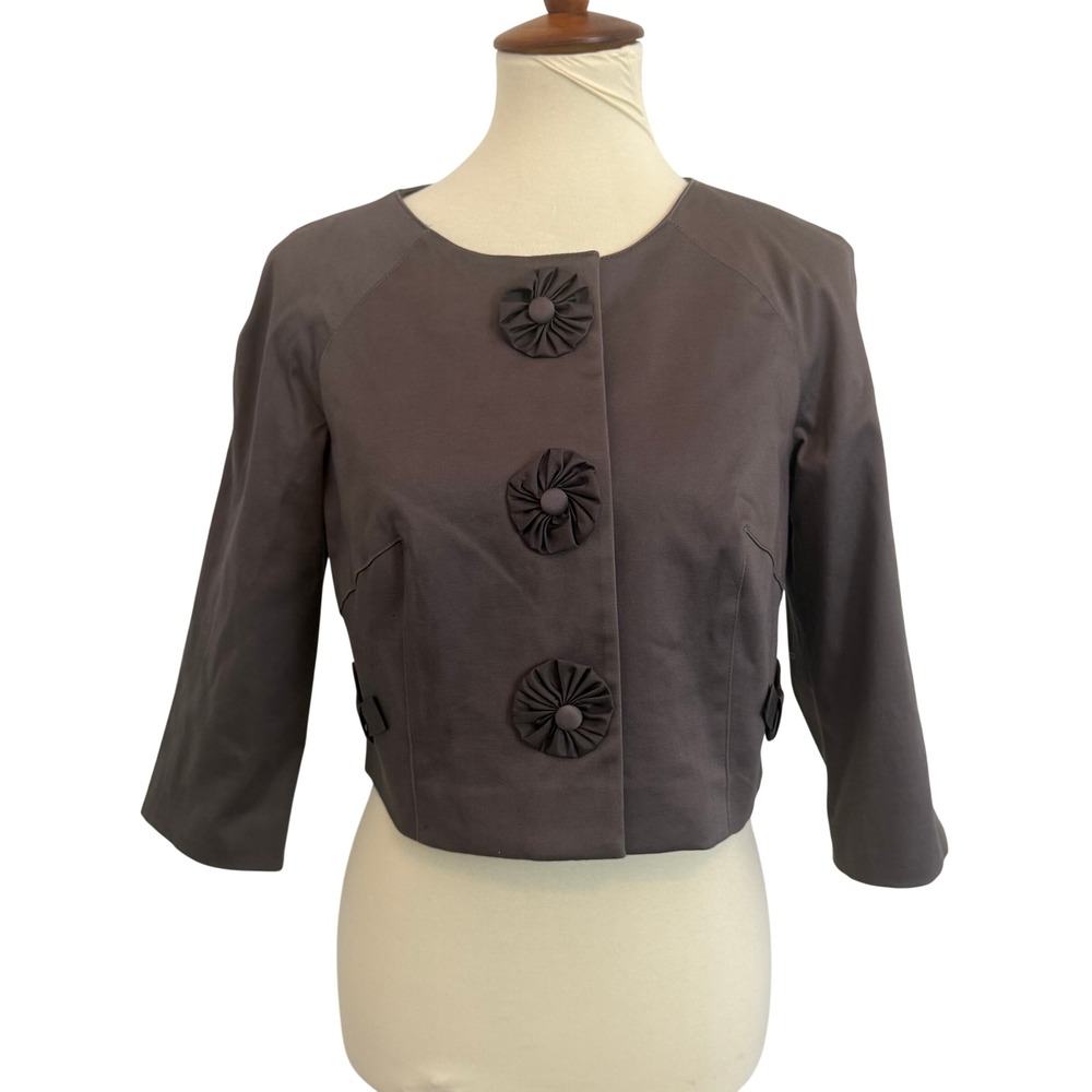 NWT Anthropologie Baraschi Womens 3/4 Sleeve Cropped Blazer Gray Rosette Size 8